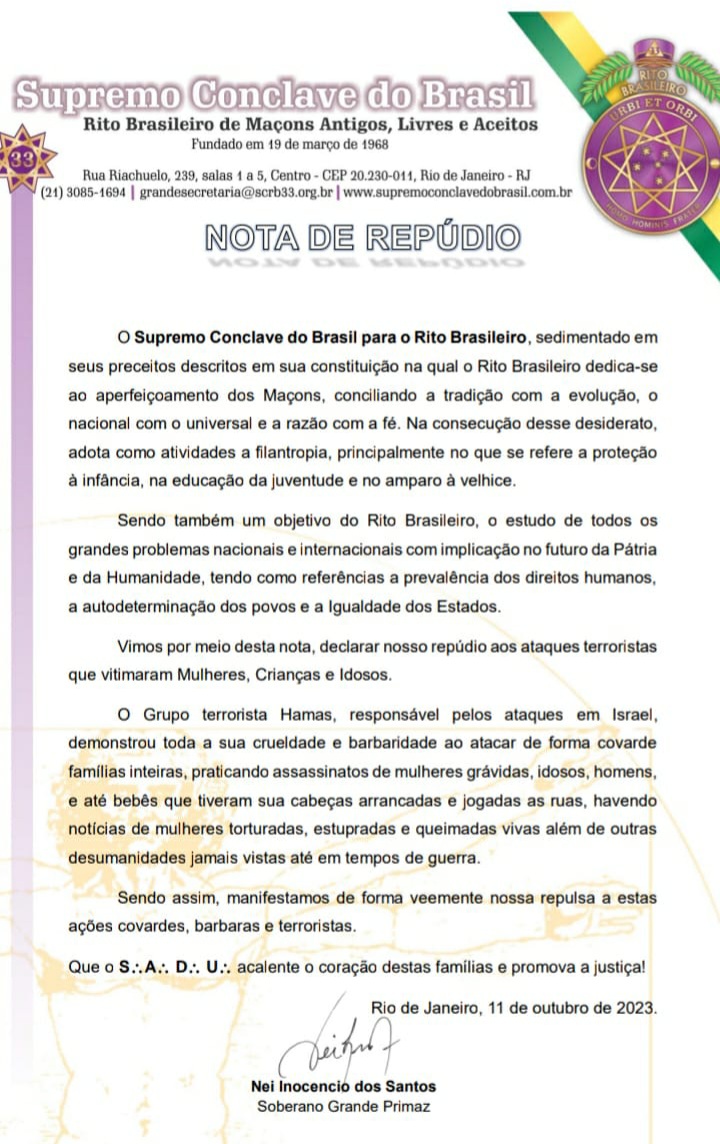 Read more about the article Nota de Repúdio – Supremo Conclave do Brasil para o Rito Brasileiro